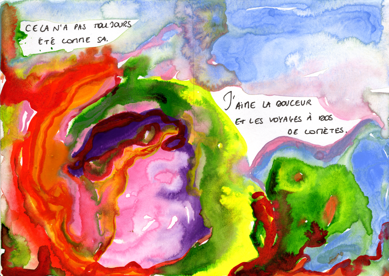 Aquarelle - "J'aime la douceur et les voyages à dos de comètes"